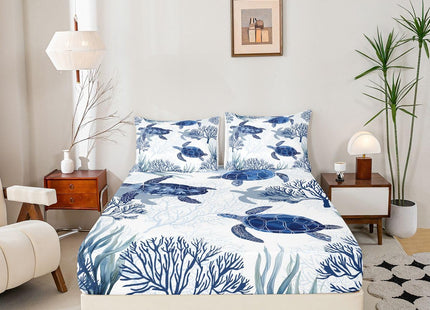 Sea Turtle Bed Sheet Set - Kids Girls Boys Bedroom, Nautical Coastal Fitted Sheet, Ocean Beach Theme, Blue White Sea Animal Turtle Print Bed Cover