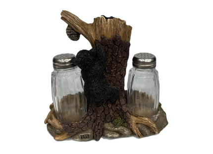 Pine Ridge Bear Salt And Pepper Shaker - Two Glass Shakers, Bear In Tree Holder Caddy For Spices And Seasonings, For Kitchen, Dining Or Table Décor
