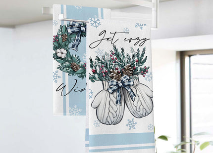 Seliem Hello Winter Wreath Mitten Blue Kitchen Dish Towels Set of 2, Get Cozy Pine Needle Pinecone Hand Towels Drying Baking Cooking Cloth, Snowflake Christmas Red Berry Home Kitchen Decor 18 x 26 in