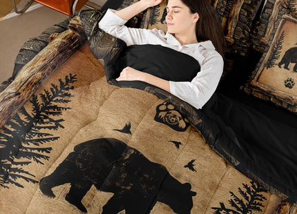 Feelyou Kids Rustic Bear 7 Piece Bedding Set Twin Size Farmhouse Forest Animal Black Bear Comforter Set with Sheets Boys Girls Hunting Country Brown Bed in a Bag