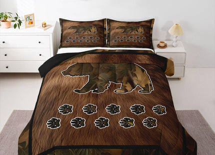 Camouflage Bear Full Size Comforter Set For Boys Men,Camo Woodland Animal Comforter Brown Bear Skin Bedding Sets Rustic Farmhouse Cabin Lodge,Soft Microfiber Quilt Duvet Insert 2 Pillow Cases