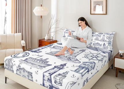 Sea Nautical Fitted Sheet Queen Size,Lighthouse Ship Sailboat Bed Sheet Coastal Ocean Theme Bedding Set 3Pcs for Kids Boys Adult Room Decor,Sketch Style Navy White Deep Pocket Sheet,2 Pillowcases