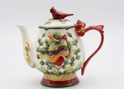 Fine Ceramic Evergreen Holiday Red Cardinal with Pine Cones Teapot, 8-1/8" L