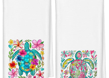 Qabliqo Boho Floral Sea Turtle Beach Kitchen Dish Towels, Gifts for Turtle Lovers, Coastal Nautical Ocean Animal Decorative Hand Towels for Bathroom Kitchen Decor, 16x24 Inch Set of 2