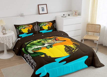 Erosebridal Big Pike Fish Bedding Set for Kids Boys Girl Fishing Hunting Comforter Set Toddler Country Woodland Adventure Bedding Comforter Sets Farmhouse Hunter Cabin Duvet Insert Animal Theme Quilt
