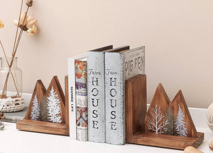 NIKKY HOME Heavy Duty Non Slip Rustic Woodland Mountain Wood Bookend Forest Book Ends Book Stoppers for Cabin Decor Home and Office Shelves Children