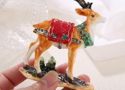 Hand Painted Christmas Trinket Box for Home Decor Accents, Enamel Hinged Jewelry Box for Bookshelf Office Table Desk Decor, Classical Figurine Collectible Keepsake Sculptures (Yellow Christmas Deer)