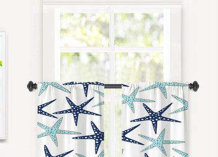 BaoNews Nautical Navy Blue Coastal Blackout Tier Curtains, Navy Blue Coastal Nautical Starfish Repeat Pattern Half Window Drapes for Kitchen with Rod Pocket,Room Darkening 2 Pack 26X24 Inches