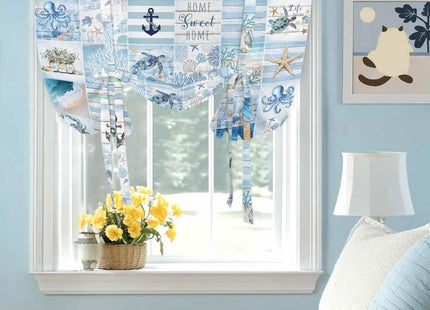 Blue Coastal Tie Up Curtains for Small Windows,Adjustable Rod Pocket Ocean Turtle Starfish Coral Valance 45 Inch Short for Bathroom Kitchen,Nautical Anchor Octopus Balloon Roman Blind Shade,34" x 45"