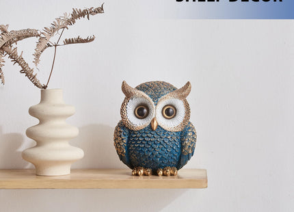 FJS Blue Gold Owl Figurine Modern Owl Statue Home Decor Accent