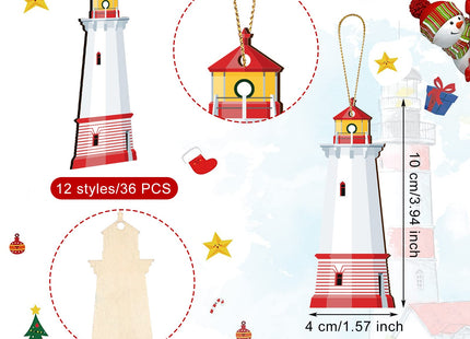 Kathfly 36 Pcs Christmas Lighthouse Wooden Ornaments for Christmas Trees Miniature Lighthouse Xmas Hanging Decorations Farmhouse Decorative Ornaments Bulk for Xmas Holiday Party Gift Supplies