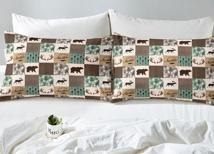 Rustic Patchwork Sheet Set, Bear Moose Fitted Sheet Twin For Kids Boys Teens Adult, Farmhouse Hunting Deer Bed Sheet Boho Arrows Buffalo Plaid Flat Sheet 3 Pieces With 1 Pillow Case, Brown Green