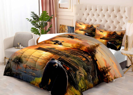 LUVIVIHOME 3PCS Black Bear Comforter Set Full Size, Rustic Cabin Bedding, Forest Animals Mallard Duck Wildlife Hunting Hunter Country Lodge Farmhouse Bedroom Decor, Microfiber Quilt, 2 Pillow Shams