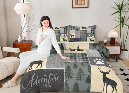 Christmas Farmhouse Cabin Comforter Set, Rustic Bear Deer Bedding Set Full Size Woodland Country Patchwork Quilt for Kids Teens Women, Grid Claw Wildlife Duvet Sets,2 Pillow Cases, Grey Green