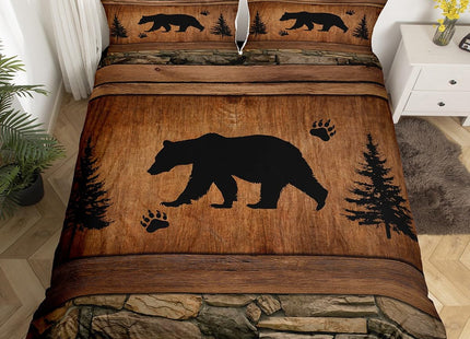 Manfei Rustic Bear Duvet Cover Set Full Size, Wildlife Hunting Theme Comforter Cover with 2 Pillowcases, Wild Animal Bedding Set 3pcs for Kids Boys Teens, Wooden Board Bedspread Cover, No Comforter