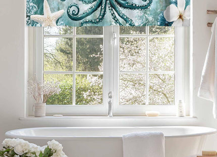 Nautical Coastal Valance for Windows, Beach Sea Octopus Starfish Floral Ocean Rod Pocket Curtain Valances for Living Room Bathroom Underwater World Window Treatment Valances 42"W x 12"L, 1 Panel