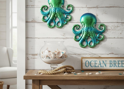 Newinhome Ocean Dreams Metal Wall Art - (Octopus) 2-Piece Handcrafted Iron Sea Creature Cutouts - Coastal Style Home Decor - Unique Gift