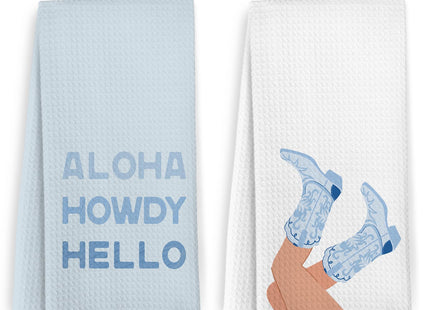 KFXHANGD Coastal Cowgirl Kitchen Towels and Dishcloths Set of 2, Western Bluey Dish Towels, Cowgirl Bathroom Decor, Aloha Howdy Hello Decorative Hand Tea Towels for Girls Bathroom Kitchen, 16×24 Inch