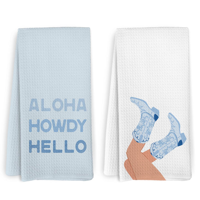 KFXHANGD Coastal Cowgirl Kitchen Towels and Dishcloths Set of 2, Western Bluey Dish Towels, Cowgirl Bathroom Decor, Aloha Howdy Hello Decorative Hand Tea Towels for Girls Bathroom Kitchen, 16×24 Inch