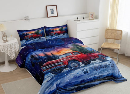 Red Truck Kids Comforter Set Twin Size,Christmas Tree Snowflake Bedding Set for Teens Boys Girls Room Decor,Woodland Nature Scenery Quilt Set 2Pcs,Merry Christmas Theme Duvet Insert,1 Pillowcase