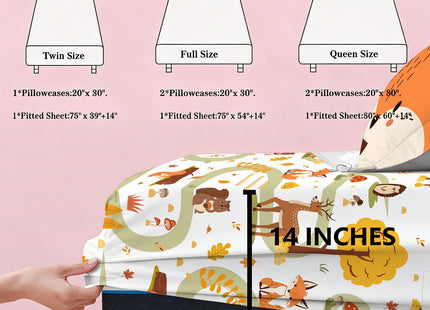 Yasida Twin Size Fox Forest Animals Twin Fitted Sheet Kids 3D Fox Pillowcase Washable Sheets Set Kid Animals Bedding Sheet Soft Microfiber(1*Sheet+1*Pillowcase)