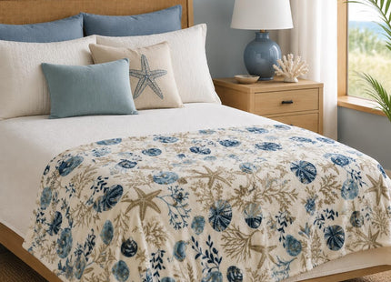 Coastal Ocean Beach Throw Blanket, Blue Gray Taupe White, 50x70 Oversized