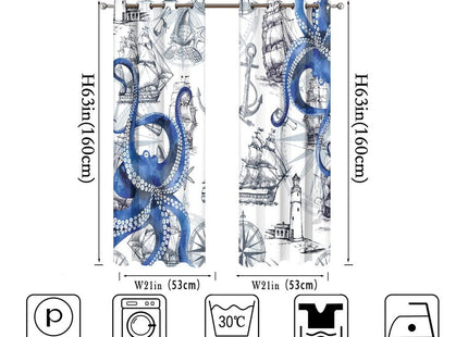 Cool Octopus Blackout Curtains - Retro Anime Nautical Theme Sailboat Lighthouse Blue Octopus Grommet Window Treatment Set Energy Saving Thermal Insulated Drapes for Living Room,2 Panels 63L x 21W