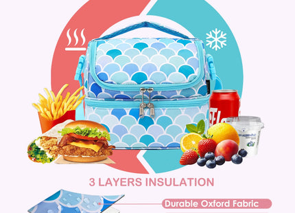 FlowFly Double Decker Cooler Insulated Lunch Bag Large Tote for Boys, Girls, Men, Women, With Adjustable Strap (Mermaid)