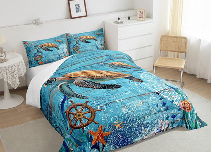 Sea Turtle Comforter Set Queen for Kids Boys Girls Sailing Route Room Decor Underwater World Bedding Comforter Aldults Bedroom Adventure Duvet Set 1 Comforter with 2 Pillow Cases,Lightweight Warm Soft