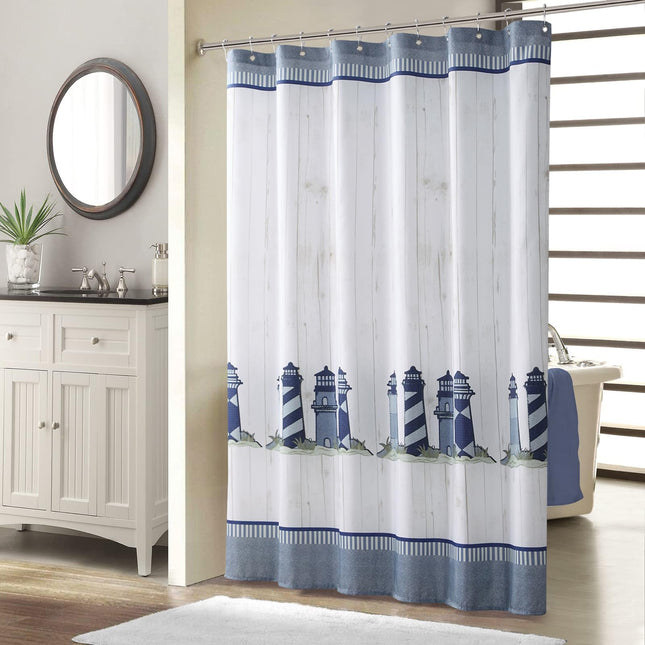 BESTRIPES Lighthouse Fabric Shower Curtain, Blue Gray and White Coastal Nautical Shower Curtains for Bathroom Decor, Waterproof Polyester Bathroom Curtains, 72" W x 72" H