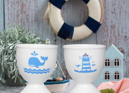 Cinf Ceramic Egg Cups, 2 Pack, Lighthouse Whale Holders for Boiled Eggs