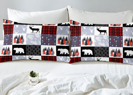 Teens Hunting Moose Deer Bed Sheets, Bear Trees And Vines Patchwork Fitted Sheet Twin For Kids Boys Girls, Rustic Wildlife Sheet Set Farmhouse Country Top Sheet, Red Black Plaid With White And Gray