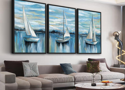 Large Framed Sailboat Wall Art, Tranquil Beach Decor, 24"x36" Set of 3
