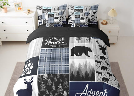 Boys Deer Bedding Set, Bear Moose 7 Pieces Bed In A Bag - 1 Rustic Cabin Lodge Comforter,1 Woodland Animal Fitted Sheet, 1 Retro Farmhouse Flat Sheet, 2 Pillow Cases, 2 Throw Pillow Covers, Full