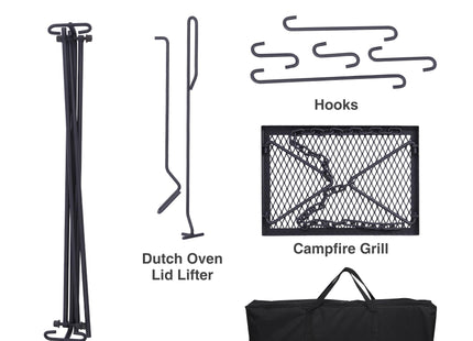 Lineslife Grill Swing Hanging Campfire Cooking Stand with Adjustable Iron Grill Grate, Collapsible Campfire Cooking Rack with Hooks and Accessories for BBQ Picnic, Outdoor Camping Cookware, Dutch Oven