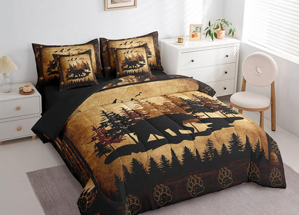 Homewish 7 Pcs Lodge Cabin Comforter Set with Sheets Full Size Retro Grid Animal Paw Print Bedding Sets for Kids Teens Adults All Season Lightweight Soft Comfy Bed Set