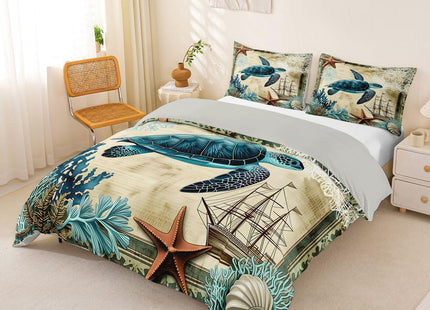 3D Sea Turtle Bedding Set Blue Queen for Boys Kids Girl Ocean Beach Themed 3 Pcs Duvet Cover Children Teens Retro Tortoise Comforter Cover Hawaiin Turtle Printed Bedspread/Quilt Cover for All Seasons