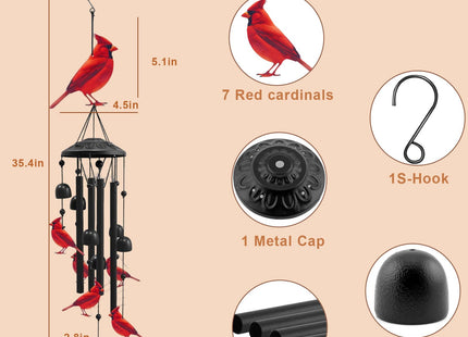 AVEKI Metal Cardinal Wind Chimes for Outside, Cardinal Gifts for Women Mother's Day Birthday Christmas, Black Wind Chime with 7 Cardinal Birds, Outdoor Windchimes Decor for Garden Patio (Red Cardinal)