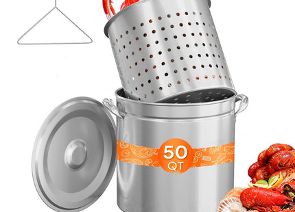 ROVSUN 50QT Stainless Steel Seafood Boil Pot With Strainer Basket, Lid & Hook, Versatile Stock for Crab, Lobster, Shrimp Boiling, Heavy-Duty Turkey Fryer for Outdoor Cooking & Gatherings