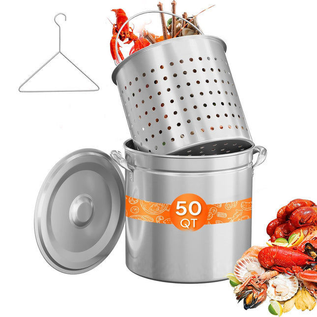 ROVSUN 50QT Stainless Steel Seafood Boil Pot With Strainer Basket, Lid & Hook, Versatile Stock for Crab, Lobster, Shrimp Boiling, Heavy-Duty Turkey Fryer for Outdoor Cooking & Gatherings