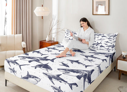 Erosebridal Shark Fitted Sheet Deep Pocket Full Size Ocean Life Bedding Set for Kids Boys Girls Children Underwater Word Sheet Set Sea Animal Bed Cover Grey and White Home Decoration(No Top Sheet)