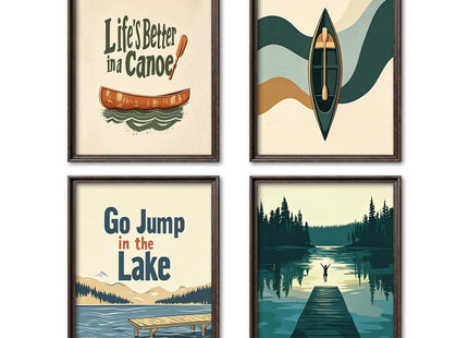 NaZaUK Lake House Wall Art Set of 4, Canoe Cabin Decor, 8x10 in Unframed