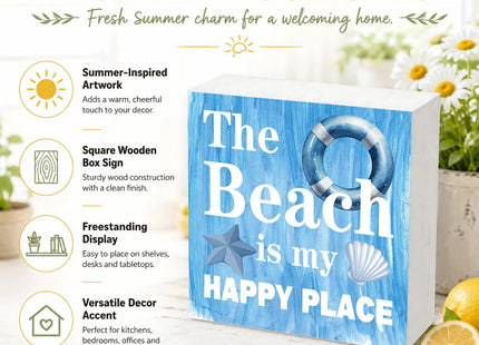 The Beach Is My Happy Place Wood Box Sign for Beach Lovers, Coastal Summer Home Decor, Starfish Seashell Tabletop Decoration for Beach House, Office Desk, Bathroom Shelf