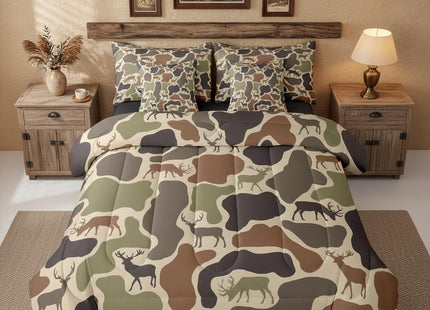Erosebridal Camo Deer Comforter Set 7 Pcs Camouflage Hunting Deer Bedding Sets for Kids Teens Green Military Army Camo Bed in A Bag Queen Country Hunter Wildlife Sheet Set with Comforter