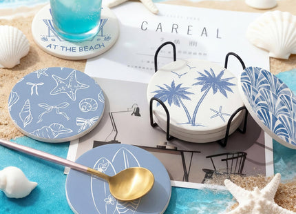 Rtteri Set of 8 Coastal Coasters Ocean Beach Absorbent Ceramic Coasters