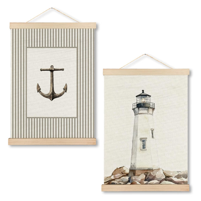 MHJFERGV Neutral Vintage Coastal Nautical Wall Art Poster, Ocean Beach Lighthouse Anchor Canvas Wall Decor for Nursery Kids Room Bedroom Home, 12x16 Inches Set of 2