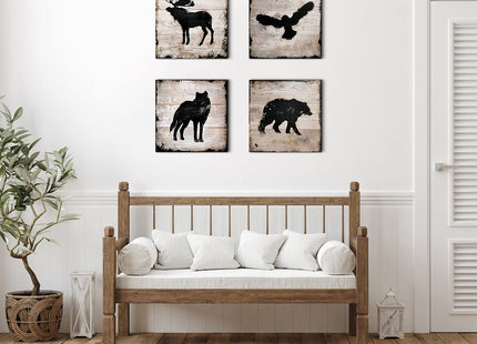 Rustic Animals Silhouette Cabin Wall Decor Wildlife Wall Art Woodland Nursery Bear Pictures for Living Room Farmhouse Moose Wolf Eagle Deer Poster Canvas Artwork Bedroom Lodge Home Decoration 12x12 4P