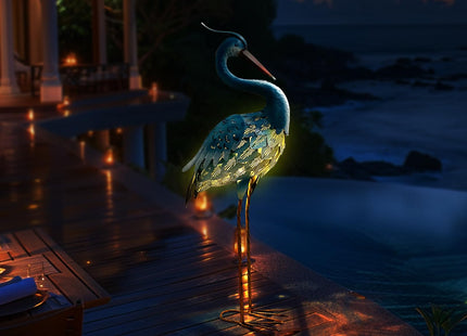 HONGLAND Solar Metal Crane Statue Garden Heron Sculpture, Outdoor Heron Yard Art Coastal Ocean Bird Decor Lawn Ornament for Backyard Porch Patio Decor