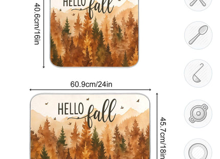Hello Fall Forest Dish Drying Mat for Kitchen Countertop 16x18 Autumn Pine Tree Small Drying Mat Reusable Quick Dry Dish Sink Mats Easy Clean Decorative Essentials