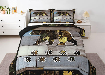Kids Rustic Bear Comforter Set For Boys Full Farmhouse Barn Door Camo Quilt Bedding Set Camouflage Hunting Theme Down Comforter For Men Woodland Animal Duvet Insert 2 Pillow Cases Blue Gray Green